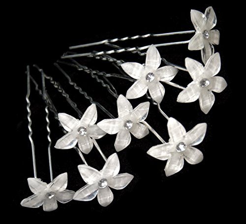 White Flower Hair Pins with Rhinestone Crystal for Wedding, Prom, Dance and Special Event (Set of 8)