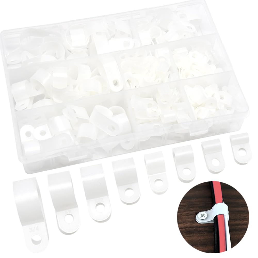 Hocansen 160 Pcs 8 Size R-Type Cable Clips Assortment Kit 1/8" 3/16" 1/4" 5/16" 3/8" 1/2" 5/8" 3/4" Screw Mounting Wire Cable Clamp Cord Nylon Fastener for Wire Management (White/RJ)