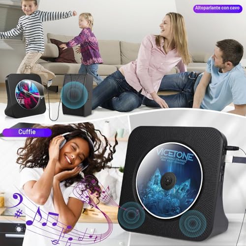 Lettore CD Bluetooth con design da scrivania, Lettore CD Radio portatile con doppie casse e timer, Supporta ingresso AUX/USB, Trasmissione Bluetooth, Album musicali in multipli formati