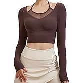 Harssidanzar Women's Yoga Workout Tops 2 in 1 Sports Bra for Gym Athletic Casual Long Sleeve CL312US