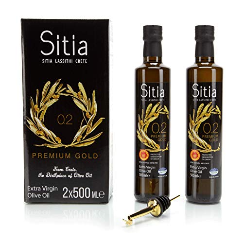 Premium Gold Sitia Olive Oil [2pk of 16.9oz/500mL] Cold Pressed, Kosher, Unblended, Low Acidity and High in Polyphenols and Antioxidants, ideal for Keto Diets