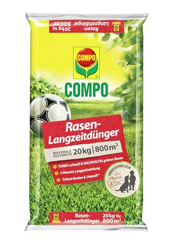 COMPO Rasendünger mit 3 Monaten Langzeitwirkung für Frühjahr und Sommer - tierfreundlich - Premium Rasen-Langzeitdünger - 20 kg für 800 m²,