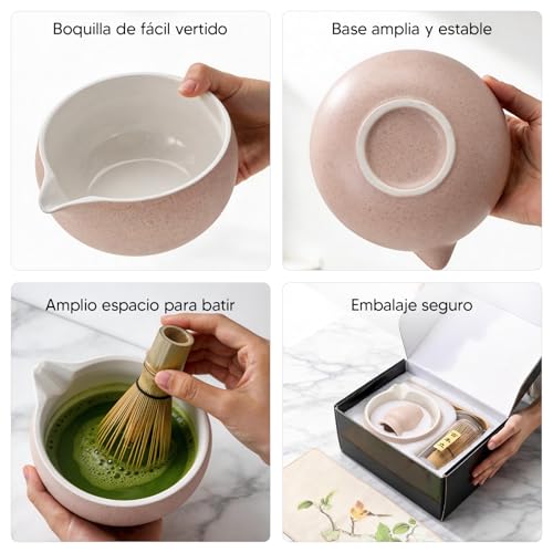 Kit de Té Matcha Tradicional, Juego de Té Matcha 8 Piezas – Tazón de Cerámica Artesanal, Batidor de Bambú, Soporte y Cuchara Kit Completo para Ceremonia de Té Japonesa en Casa (gris)