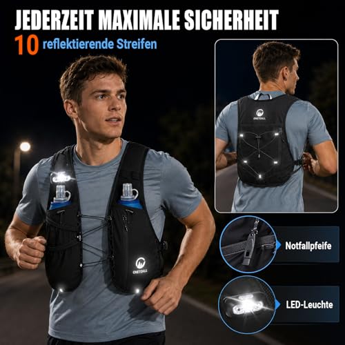 ONETOALL Running Vest for Men and Women with Two 500 ml Water Bottles, Adjustable Running Vest with Running Light for Better Visibility, Breathable Running Backpack, Hydration Backpack for Running