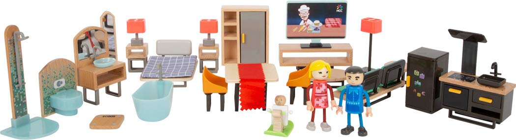 Small Foot 11742 Modern Doll House Furniture Set made of wood & plastic, doll house accessories for kids aged 3+ years