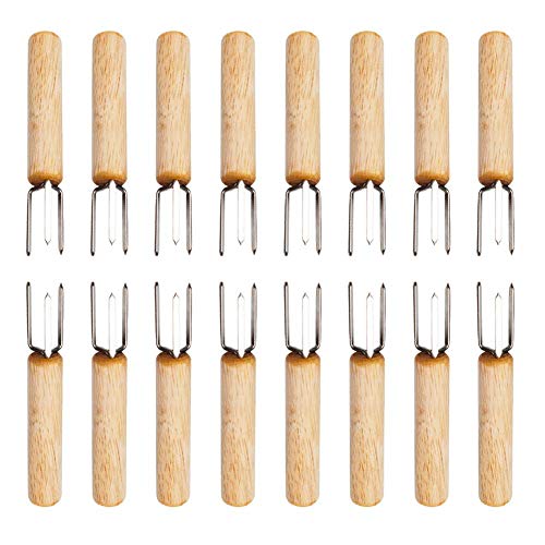 Labyrinen 16 PCS Set 304 Stainless Steel Corn Holders Corn on The Cob Skewers Fork BBQ Portable Beef Sausage Fruit Handle Wood Fork for Home Cooking and BBQ
