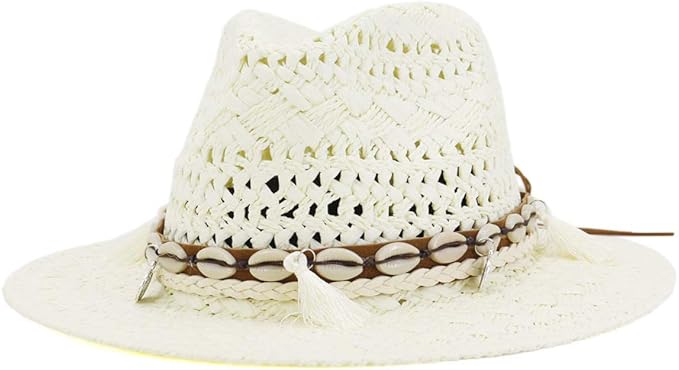 Amazon Fadves ストローハット 麦わら帽子 中折れ帽子 レディース メンズ 麦わら帽子 春夏 つば広ハット 日除け帽子 サンバイザー ジャズ帽 パナマ帽 民族スタイル カジュアル ビーチ 旅行 クリーム ハット 通販