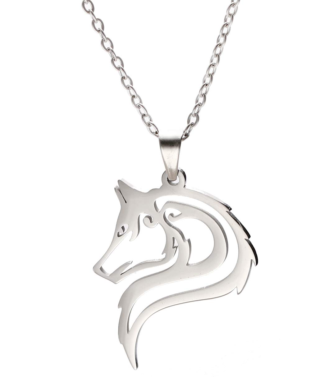 VASSAGO Stainless Steel Hollow Out Design Wolf Head Pendant Necklace Wild Animal Charm Silver Chain Necklaces for Men Women Teens