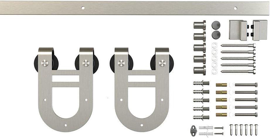 JUBEST 6.6ft 1 Rail Satin Nickel Steel Sliding Barn Door Hardware Track Set,Horseshoe Hanger Roller