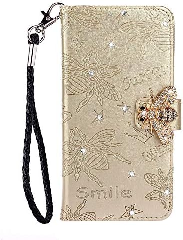 Veapero iPhone X Case,PU Leather Diamond Bee Embossed Flip Wallet Cover with TPU ShockProof Card Slots Magnetic Closure Stand Function Folio Flip Notebook Case Cover,Gold