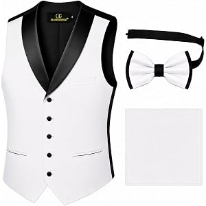 Oliver George Men’s 3pc Solid Tuxedo Suit Vest Black Shawl Lapel Waistcoat Dress Vest BowTie Handkerchief Set