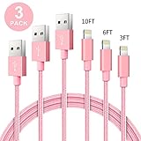 GANJOY iPhone Charger 3Pack 3FT/6FT/10FT(1M/2M/3M) Nylon Braided 8 pin Charging Cables USB Charger Cord, Compatible with iPhone 7/7 Plus/6s/6s Plus/6/6 Plus/5/5S/5C/iPad and iPod (Pink)
