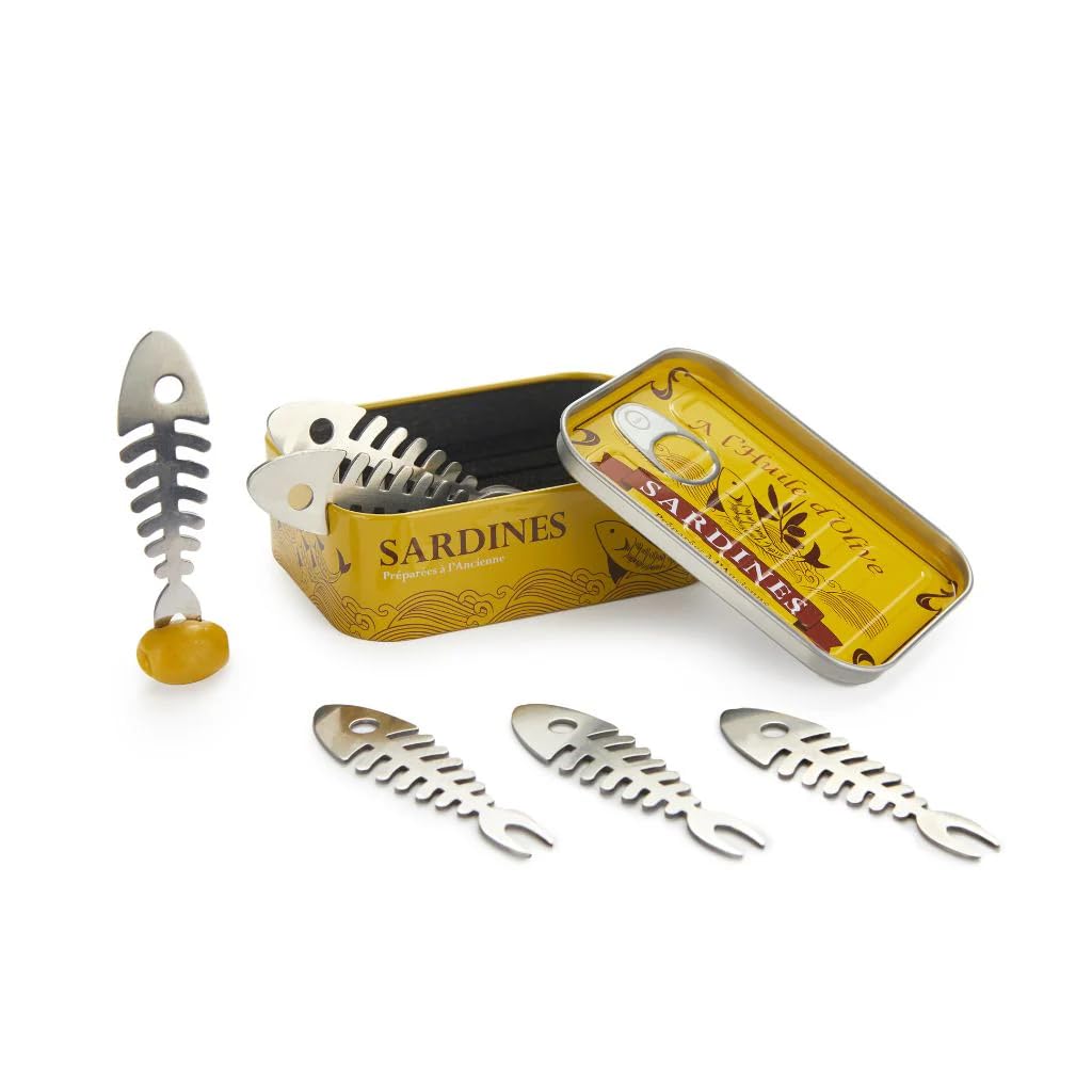 Balvi - Sardines set of 6 snack forks in the shape of a fishbone and presented in a sardines tin of v