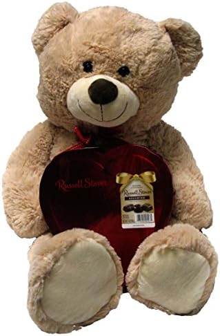 Valentine Bundle of Love Large Plush with Russell Stover Assorted Chocolate Candy (Teddy Bear Beige)