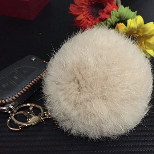 Cy3Lf Gold Plated Keychain Cute Genuine Rabbit Fur Ball Pom Pom Keychain for Car Key Ring Handbag Tote Bag Pendant Charm Griege