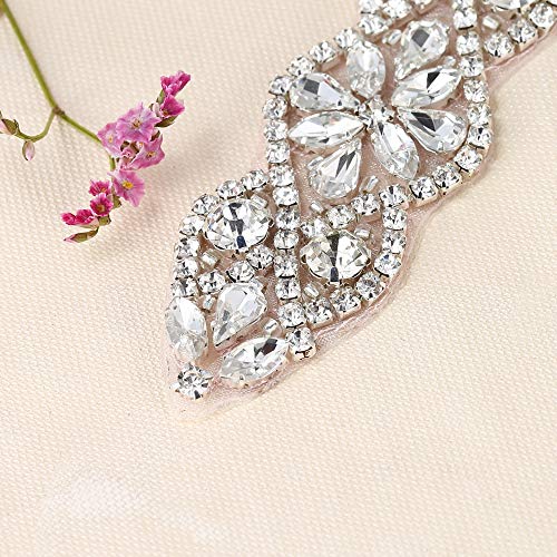 Crystal Applique with Champagne Back Adhesive, FANGZHIDI Beaded Applique with Silver Rhinestone Claw- Best for DIY on Wedding Dress, Bridal Belt Sash - Thumbnail 4