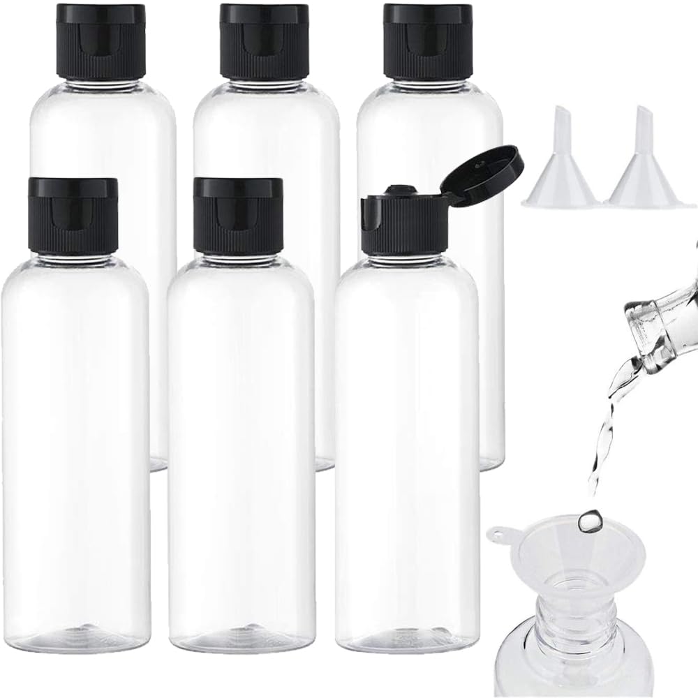 Voarge Travel Bottles Set, 6 Pack Travel Bottles 100 ml Plastic Bottle with 2 Small Funnels, Transparent Plastic Air Travel Bottle for Flight, Airport, Holiday, Black