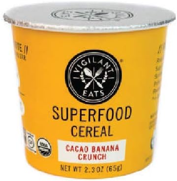 Vigilant Eats Superfood Cereal, Organic, Gluten Free, Vegan, Non GMO, Kosher, Cacao Banana Crunch, 2.3 oz Cup, 6 Count
