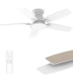 42 Inch Ceiling Fan With Lights – Flush Mount, Remote Control, Dimmable LED, Reversible Wood Blades, Quiet DC Motor, Power-Off Memory (White)
