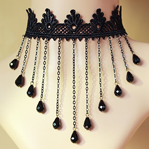 Meiysh Lolita Goth Black Lace Choker Velvet Necklace Victorian Cameo Beads Tassels Choker Necklace