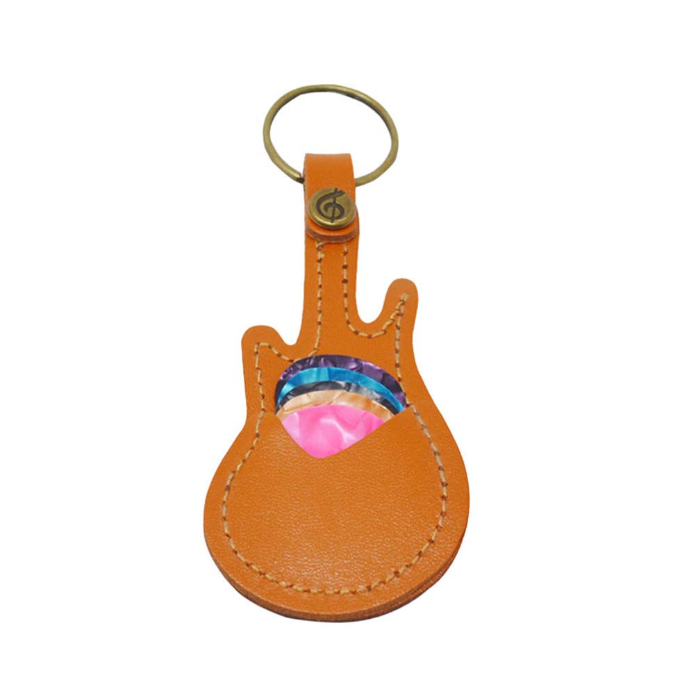Milisten 1Set Guitar Holder Leather Keyring Keychain Case Mini Guitar Shape Plectrum Case Bag with 5Pcs Plectrums (Khaki)