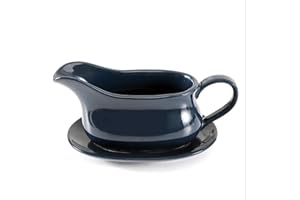 PALAIS ESSENTIALS Gravy Boat & Saucer, 15 oz, Ceramic Serving Dish, Dispenser with Tray for Sauces, Dressings and Creamer, Large Handle, Microwave and Dishwasher Safe (Cobalt Blue)