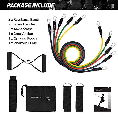 OMORC Resistance Bands Set, Exercise Bands with Handles, Door Anchor, Ankle Straps, Workout Band for Resistance Training, TRX, Aqua Aerobics, Physical Therapy, Stackable 100 lbs, 11Pcs