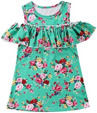 Toddler Baby Girls Playwear Dress Floral Ruffles Off-Shoulder Princess Dress One Piece (Green, 1-2 Years)