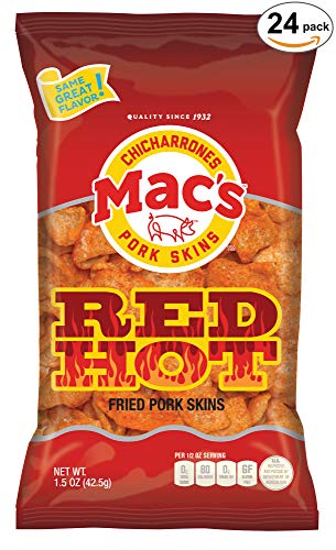 Mac's Hot Pork Skins - Low Carb, Keto Friendly Snack - Crunchy Chicharrones/Pork Rinds (1.5 oz bags, 24ct)