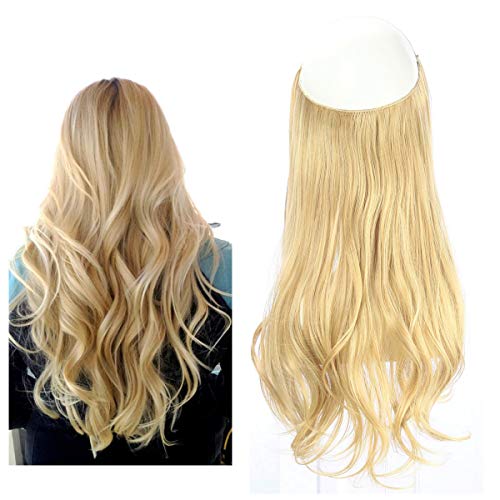 Short Blonde Hair Extensions Halo Wire Sercet Crown Synthetic Wavy Curly Hairpieces For Women Invisible Auburn Burgundy Heat Resistant Fiber 14" 3.8oz SARLA M04&27/613