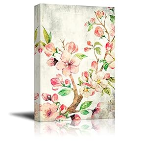 Canvas Wall Art - Watercolor Painting Style Pink Cherry Blossom on Branch - Giclee Print Gallery Wrap Modern Home Art Ready to Hang - 12x18 inches