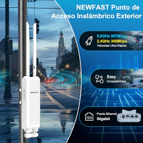 NEWFAST 1200Mbps Repetidor WiFi Exterior para Larga Distancia, 5.8Ghz/2.4Ghz, IP66 Impermeable Amplificador WiFi Exterior Doble Banda, Soporte PoE, WPA2, Punto de Acceso Exterior
