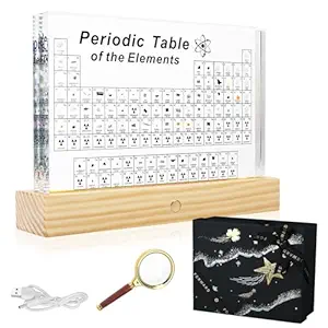 OCTAOR Periodic Table of Real Elements, Wooden Base with RGB Lighting and Magnifying Glass and Gift Box, Student Chemistry Learning Tool, Larger Size Acrylic Science Gift and Craft (8.3 x 5.5 inch)