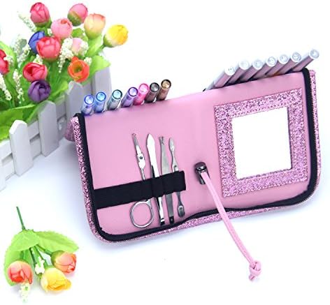Professional Eyeliner Cosmetic Case Holder MOCOCO Waterproof Lip Liner Bag Accessories Pouch Cosmetic Tool Organizer Makeup Set with Mirror with 14 Slots for Makeup Brush Kit with Case (Flashing Pink)