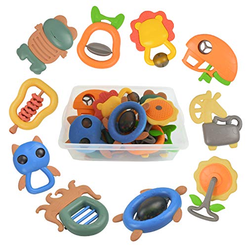 Akamino Rattle Toys, 10pcs Baby Rattles Teether Set with Vibrant Color and Various Shapes BPA Free Early Educational Toys for 3, 6, 9, 12 Month Infant, Toddler, Boy, Girl