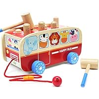 Joyshare Wood Pounding Bench Pull Along Animal Bus Toys Early Educational Development for Toddlers Preschool Kids (Animal Bus)