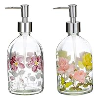 Topadorn 17oz Flower Glass Soap Dispenser Bottle with Plastic Pump,Set of 2