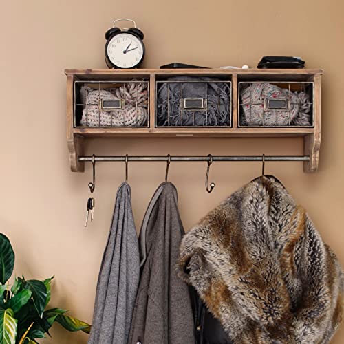 HBCY Creations Wall Mounted Shelf with Coat Hooks and Baskets, Solid