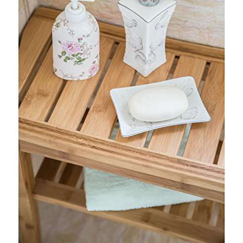 Peach Tree Home Bamboo Shower Seat Bench Spa Bath Deluxe Organizer Stool With Storage Shelf For Seating Indoor & Outdoor Bathtub Shower Chair Spa Seat (18.7" x 9.6" x 17.7" Shower Bench)