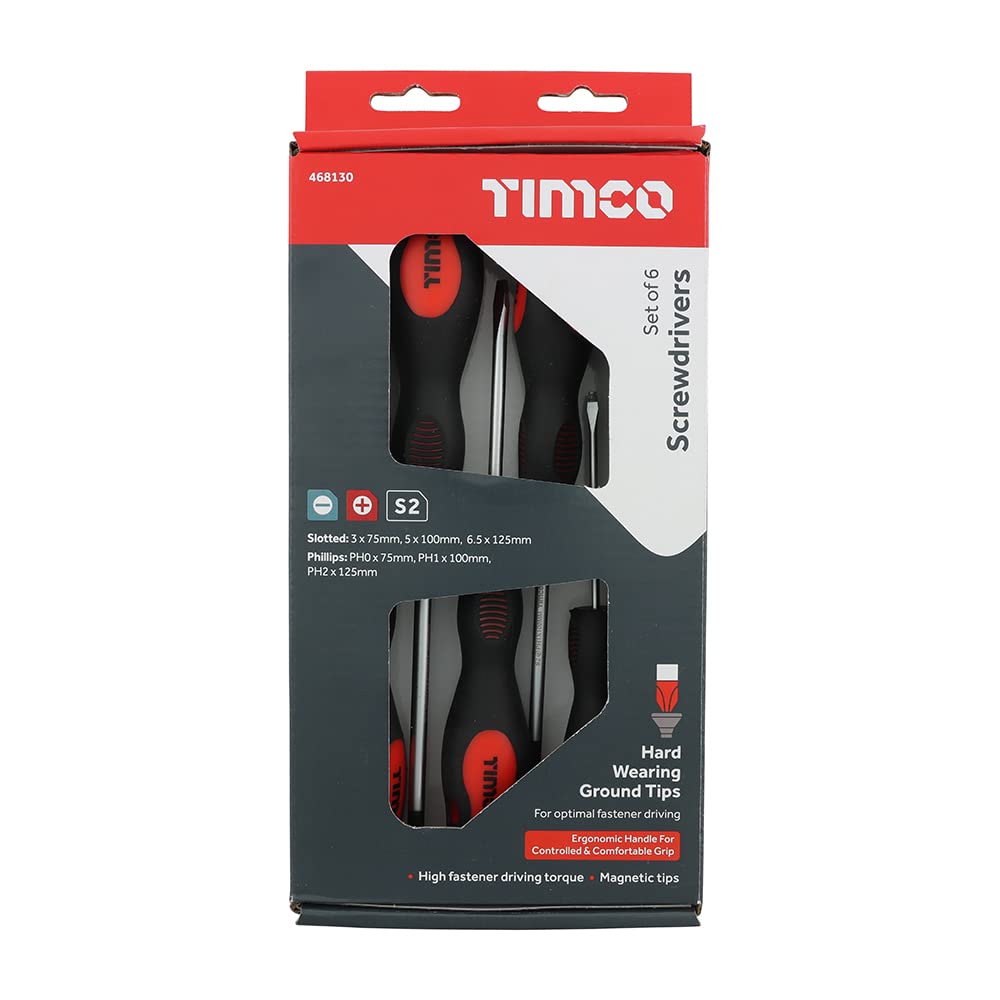 TIMCO Screwdriver Set - Assorted Sizes - 6 Screwdrivers - Ergonomic Handles for an Extra Soft Grip - Magnetic Tips to Assist with Easy Installation - S2 Hardened Carbon Steel