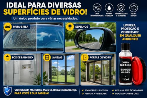 Removedor de Filme de Óleo para Vidros Automotivos com Pulverizador Espuma 120ml Antiembaçante Limpa Para-brisa Espelho Janela Carro