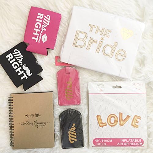 Engagement Welcome Kit. Mr. Right and Mrs. Always Right Koozies, Mr and Mrs Travel Tags, The Bride M-L tank top, Love 40" Gold Balloons, Cute little Wedding Planning Notebook. Planner starting gift