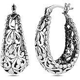 DIAMANTIO Filigree Hoop 18K Gold/White Gold Plated Earrings Hoop/oval shape Stainless Steel Textured Round Hollow Hypoallergenic Earrings For Womens (Silver 2)