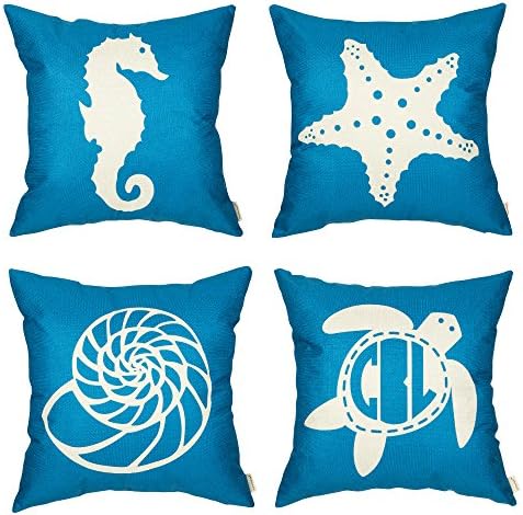 Fahrendom Set of 4 Pcs Nautical Marine Theme Cotton Linen Home Decorative Throw Pillow Case Cushion Cover for Sofa Couch 18 x 18 Inch(turtle,Starfish, Seahorse,Shell )