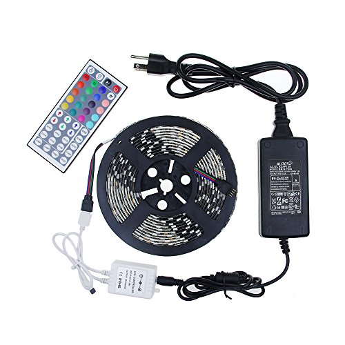 ALITOVE 16.4ft 5050 RGB LED Flexible Strip Light DC 12V Kit 5M 300 LEDs 5050 SMD IP65 Waterproof Color Changing LED Rope Light Strips & 12V 5A Power Adapter & 44Key IR Remote Controller