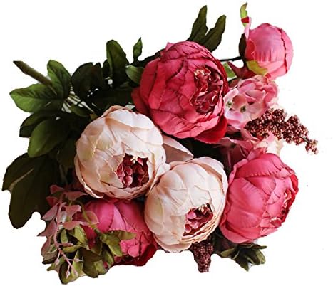 Artificial Flower Peony Silk Fake Flowers Leaf Wedding Floral Decor Bouquet Home Decoration Flower Halloween Christamas Holiday Flower(dark pink)