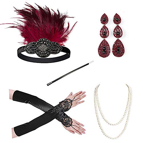 1920s Accessories Headband Necklace Gloves Cigarette Holder Flapper Costume Accessories Set for Women(ab4)