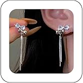 Sttiafay Vintage Crystal Bow Chain Drop Earrings Rhinestone Heart Stud Earrings Silver Long Chain Tassel Earrings Sparkly Cz Bridal Earrings Jewelry for Women