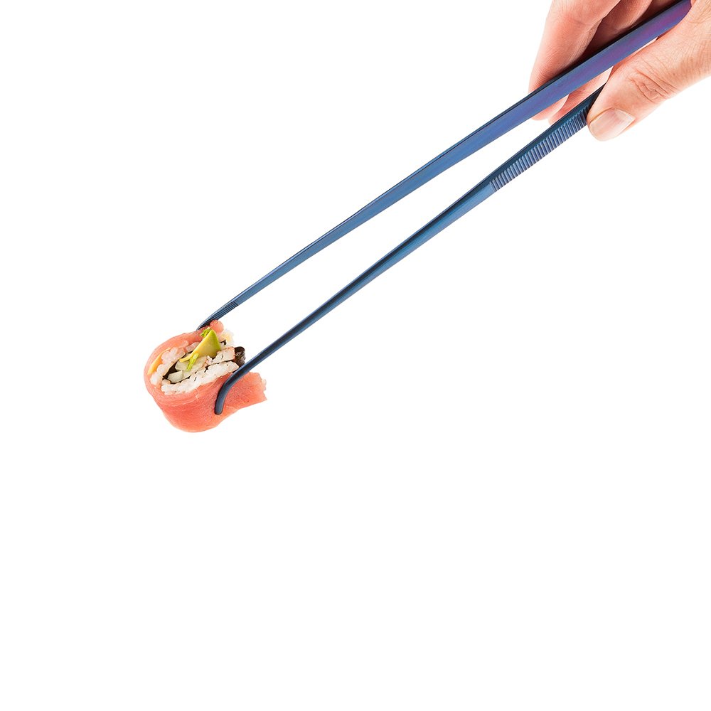 Restaurantware-Perfect Point 11.8 Inch Curved Tweezers, 1 Long Slant Nose Food Tweezers - Serrated Tips For Precision, For Garnishing, Plating, Or Decorating, Blue Stainless Steel Kitchen Tweezers