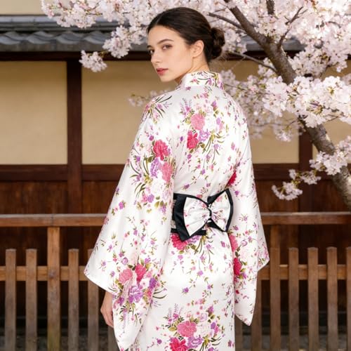 CRFASIBE 5 Pieces Long Kimono for Women, Japanese Kimono Robes with Sakura Print, Gift Set Japanese Cosplay Costume with Accessories | Japonés Style Yukata con Estampado, Disfraz de Cosplay con Accesorios, Ideal para Carnaval, Fiestas y Celebraciones